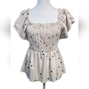 SHEIN Cream Heart Print Smocked Blouse
